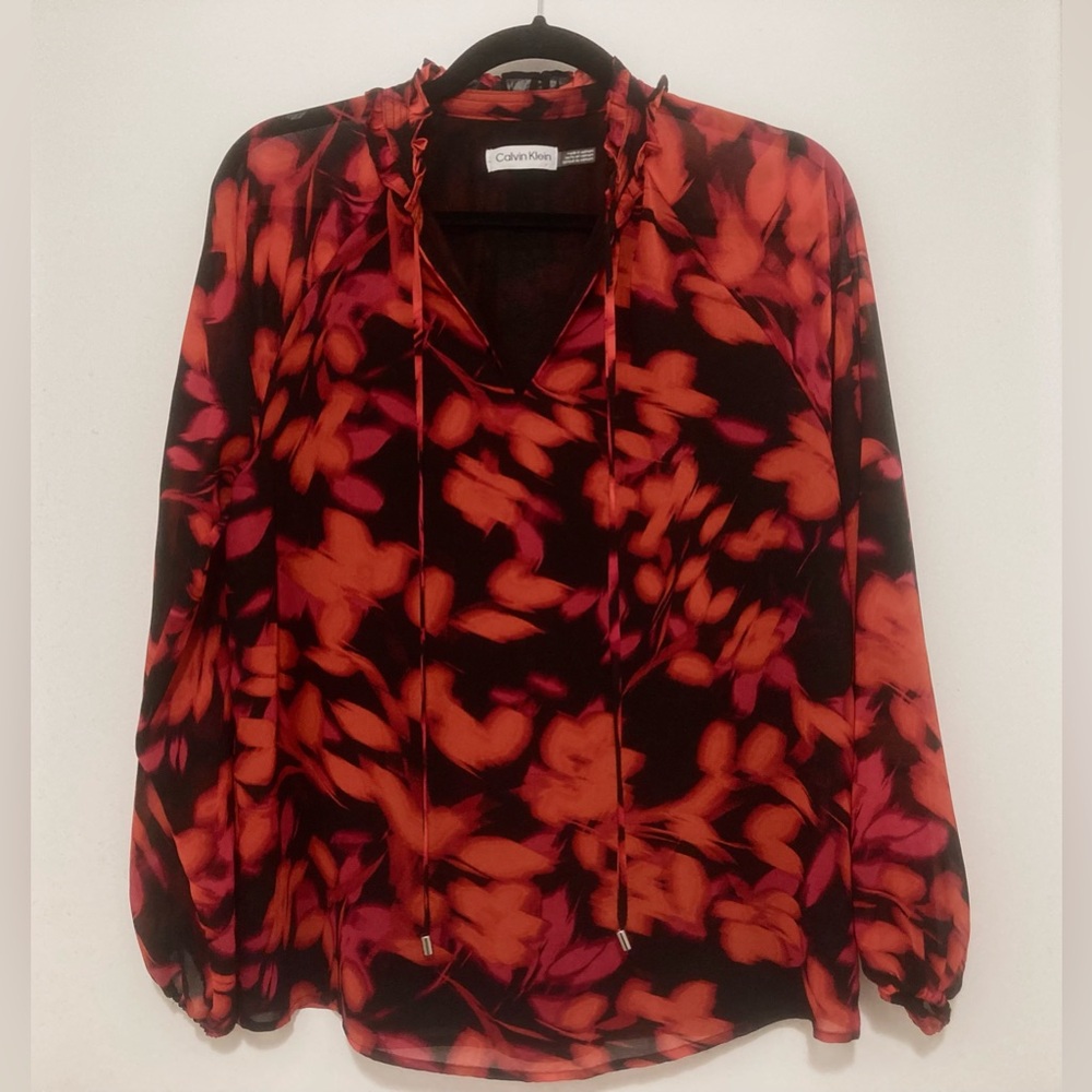 Calvin Klein Women's Red and Black Floral Blouse Size Medium